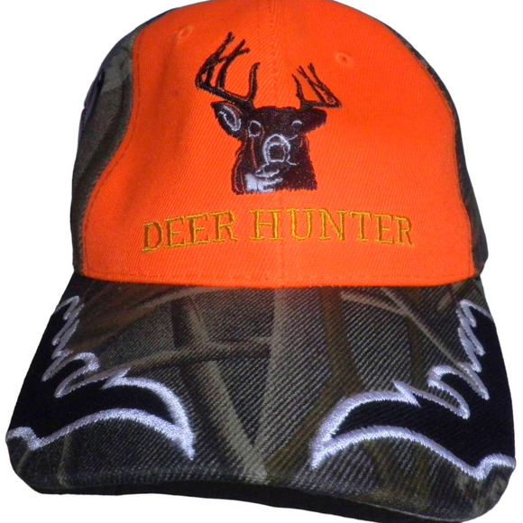 Embroidered Deer Hunter Ball Cap, Green Camo & Orange Safety Panel Trucker Hat - Picture 1 of 4